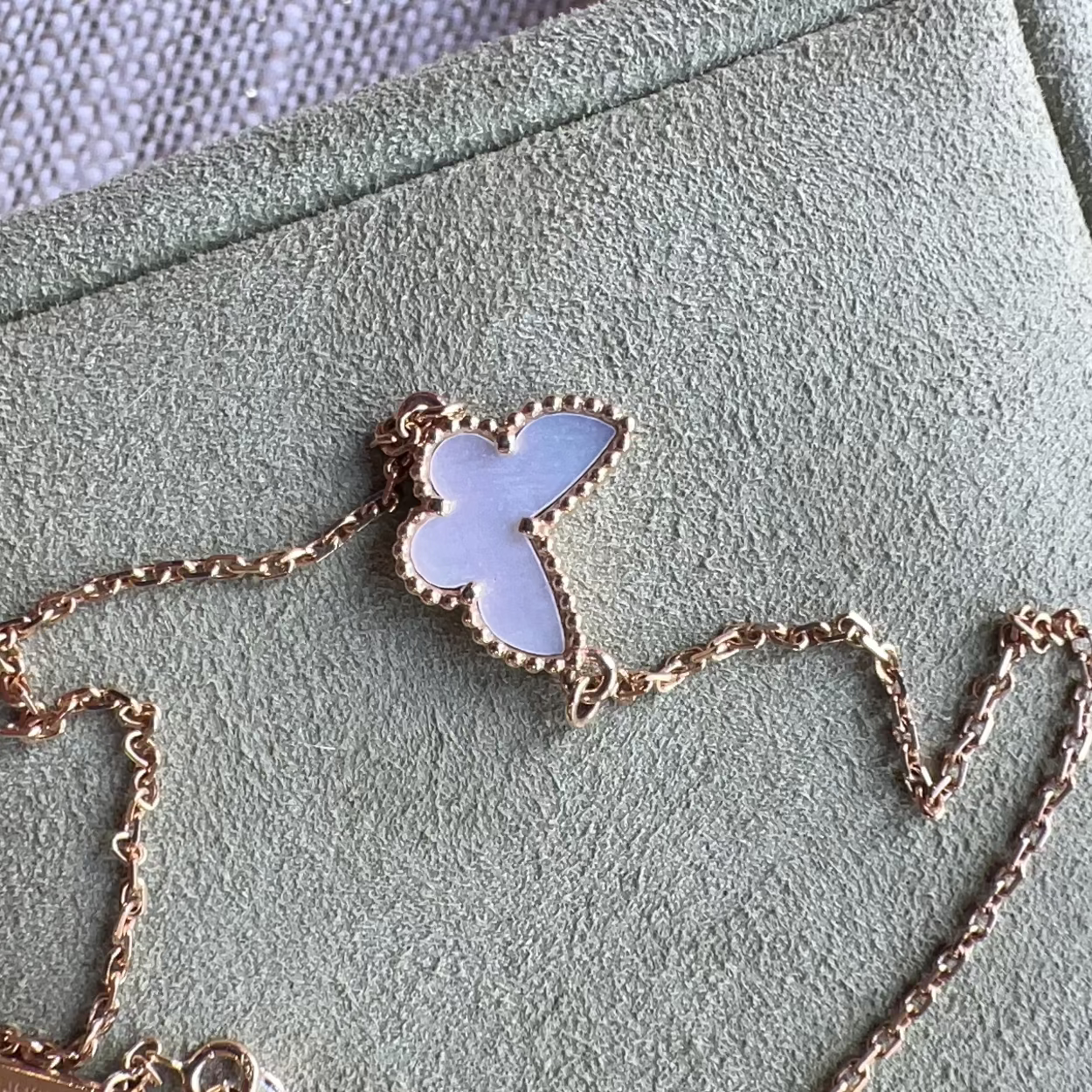Butterfly-shaped pendant on a chain against a textured surface