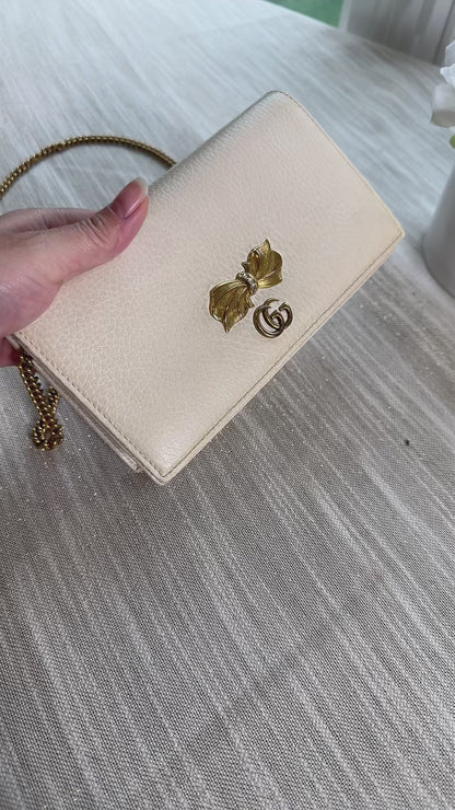 Gucci Calfskin GG Marmont Bow Chain Wallet White
