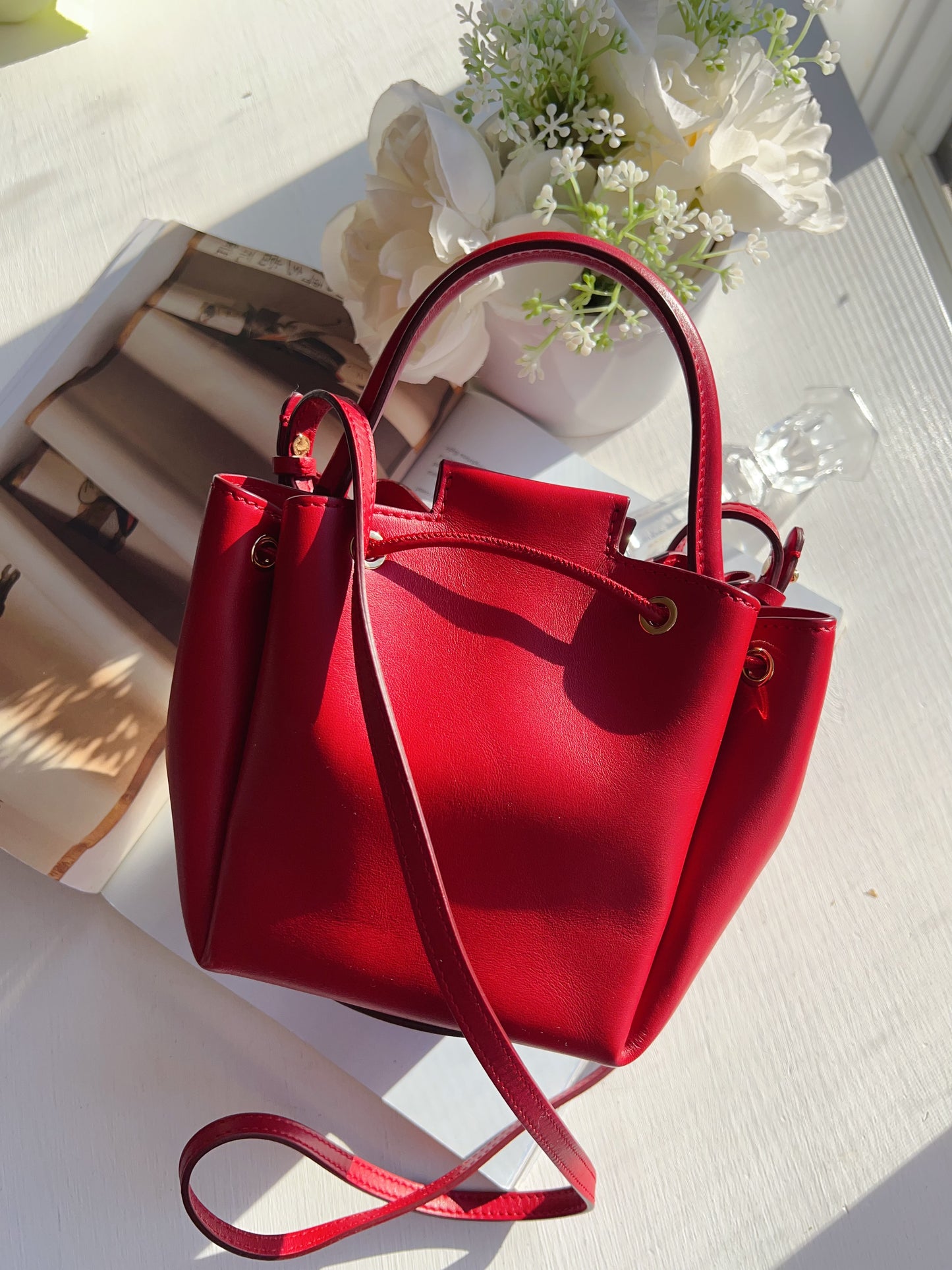 Burberry Burberry Red Leather Peony Drawstring Bucket Bag