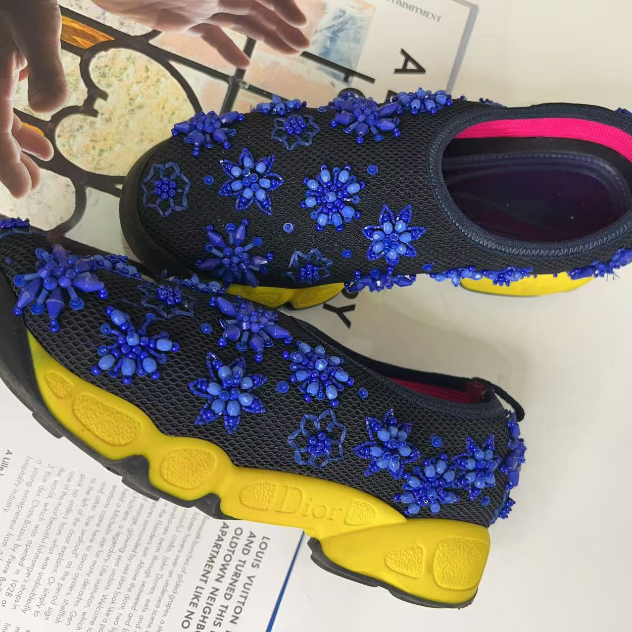 Christian Dior Blue with Sequins Yellow 3D Flowers Sneakers