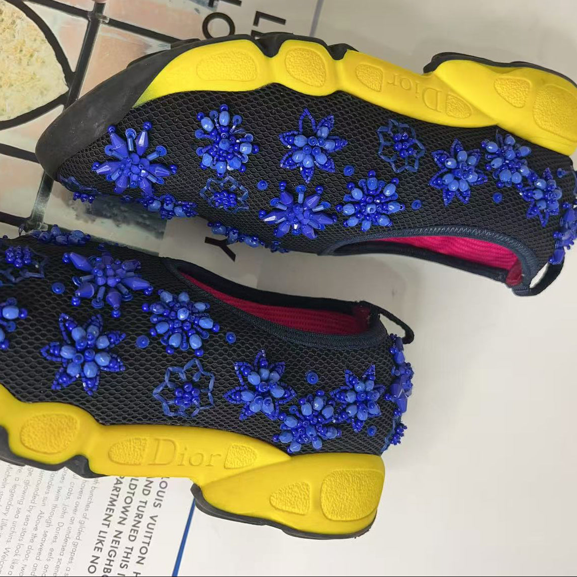 Christian Dior Blue with Sequins Yellow 3D Flowers Sneakers