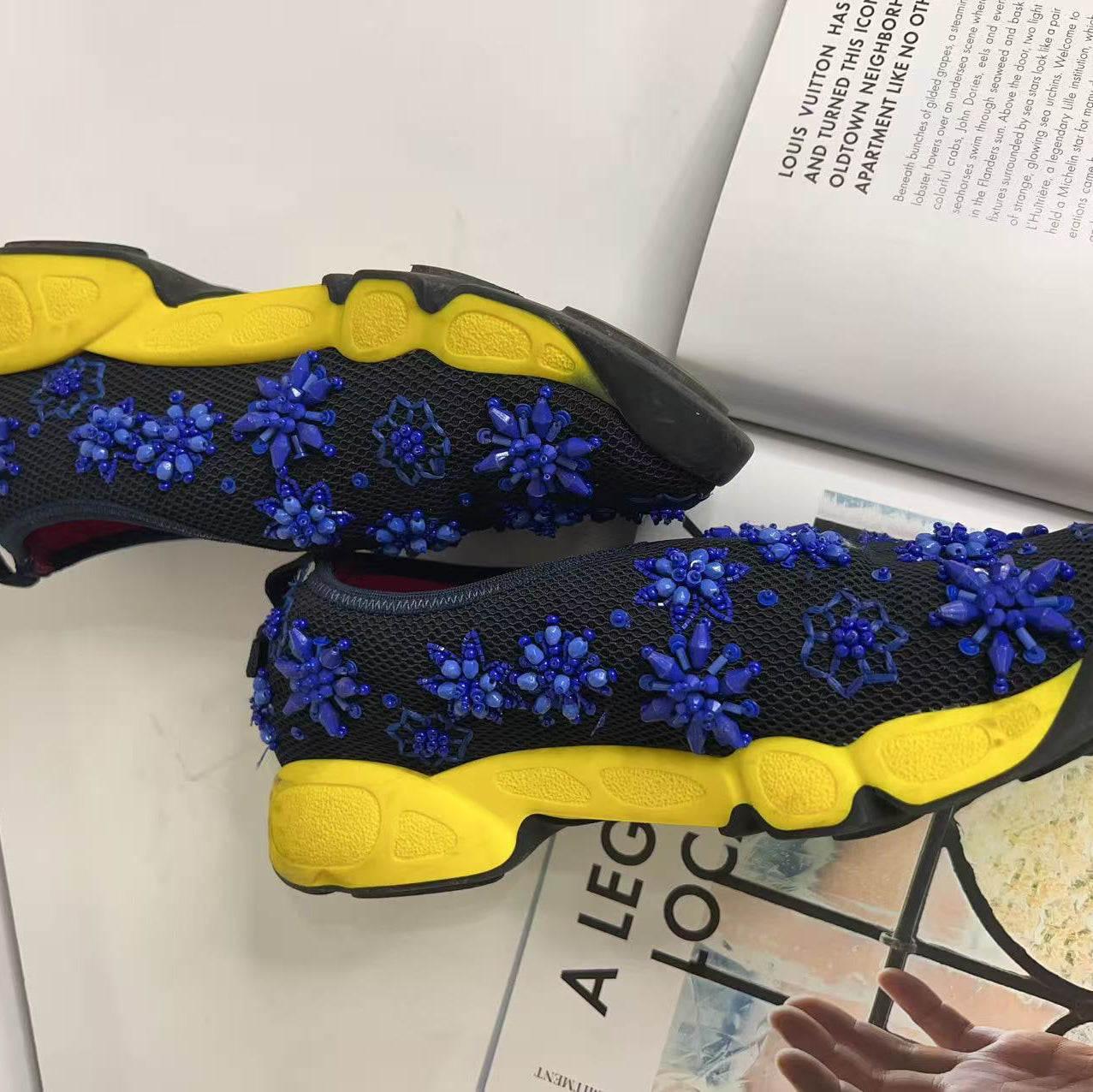 Christian Dior Blue with Sequins Yellow 3D Flowers Sneakers