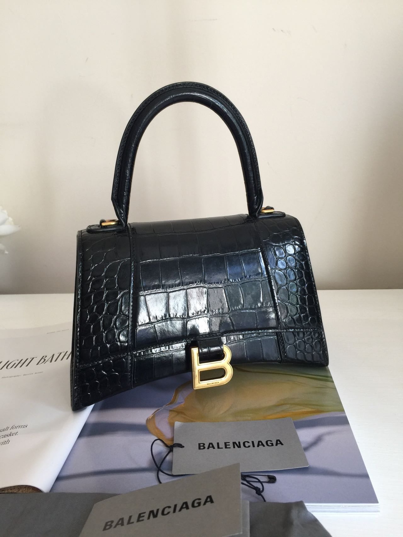 BALENCIAGA Hourglass Calfskin Crocodile Embossed Small Top Handle Bag Black