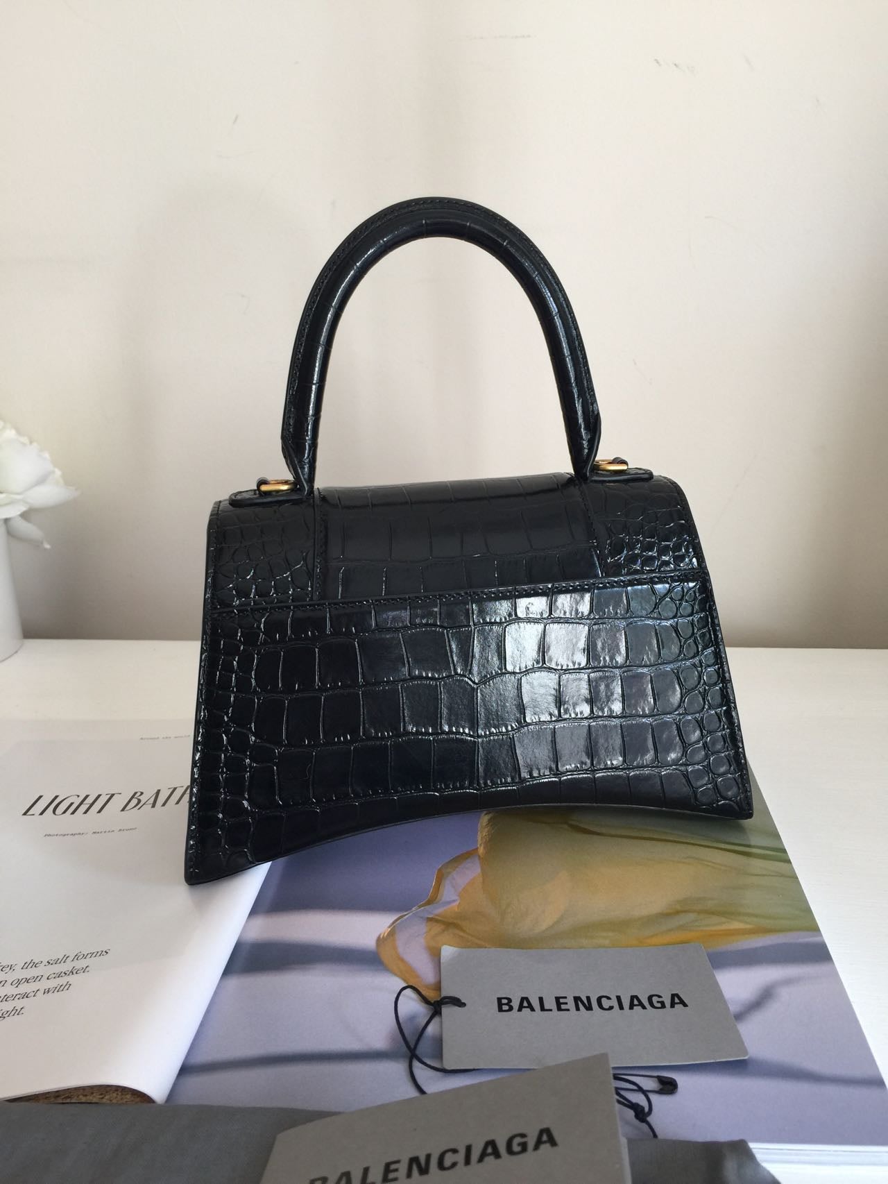 Balenciaga Black Croc Embossed Leather Hourglass Small Top Handle Bag