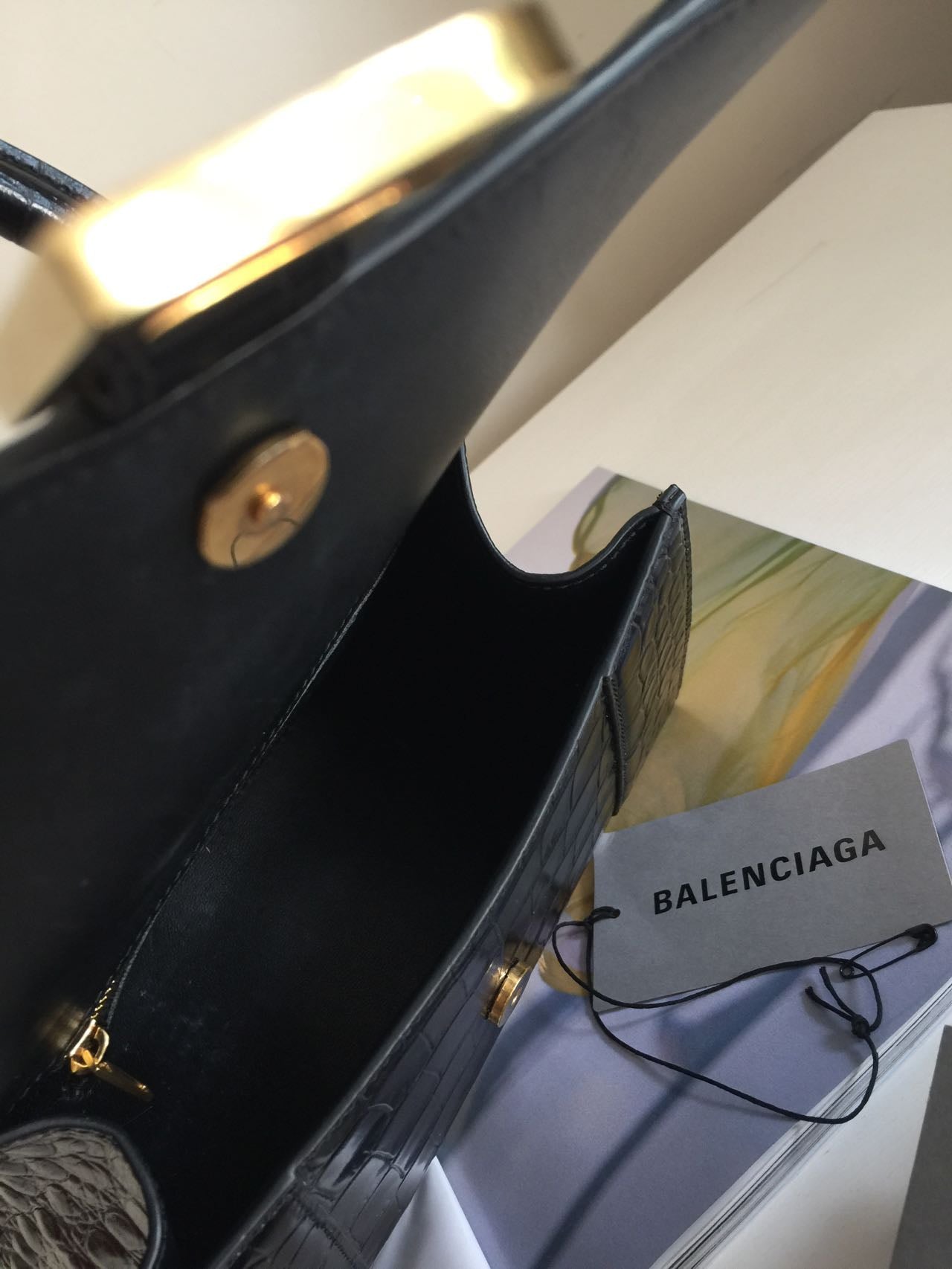 BALENCIAGA Hourglass Calfskin Crocodile Embossed Small Top Handle Bag Black