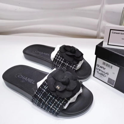 Chanel Mules Tweed Grosgrain Black Green Sandals Size36