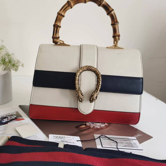 GUCCI Calfskin Bamboo Web Medium Dionysus Top Handle Bag White Blue Hibiscus Red - luxhub.ca