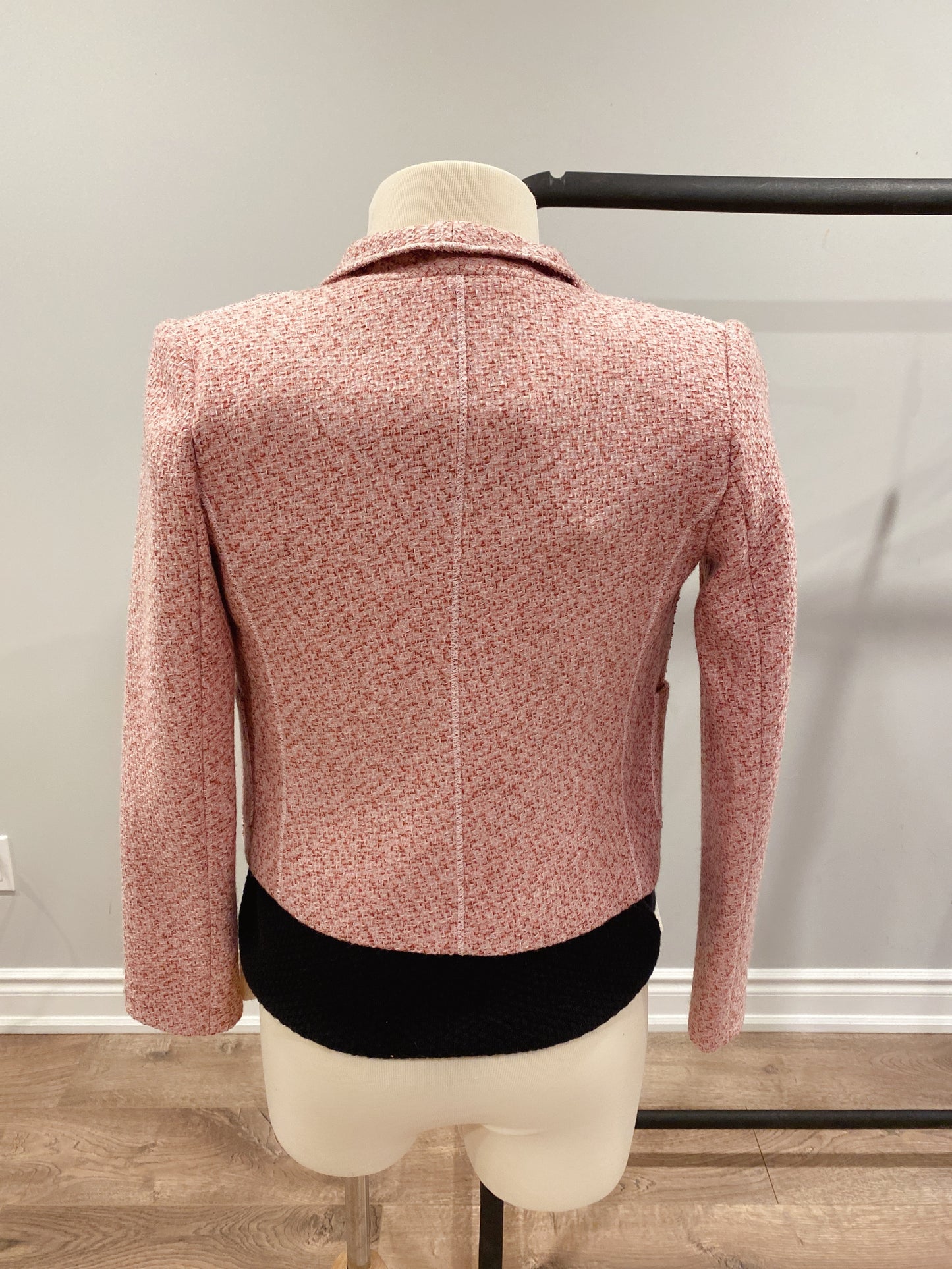 New Pink boucle tweed Chanel style peaked collar lined blazer