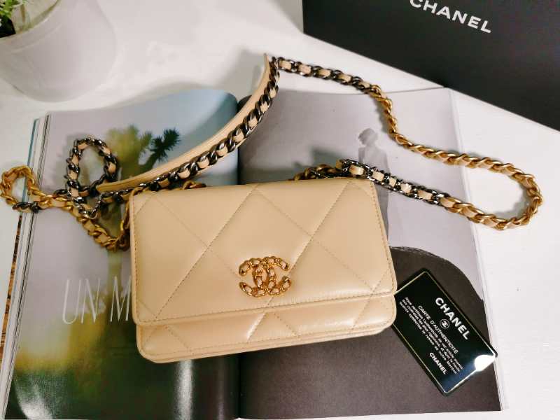 Goatskin Quilted Chanel 19 Wallet On Chain WOC Beige