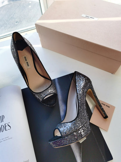 Miu Miu Black and silver glitter peep Toe Heeles size36