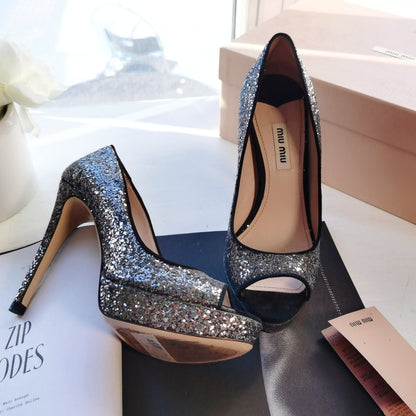 Miu Miu Black and silver glitter peep Toe Heeles size36