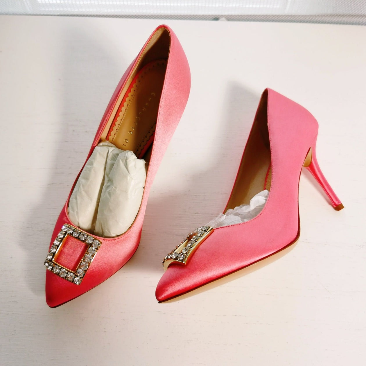 Charlotte Olympia Eleanor Crystal Pink Embellished Satin Pumps Size36.5