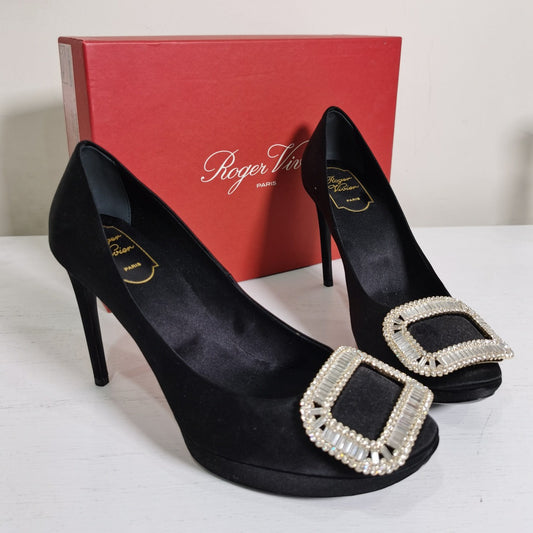 Roger Vivier Satin Crystal Embellishments Pumps Black Size38