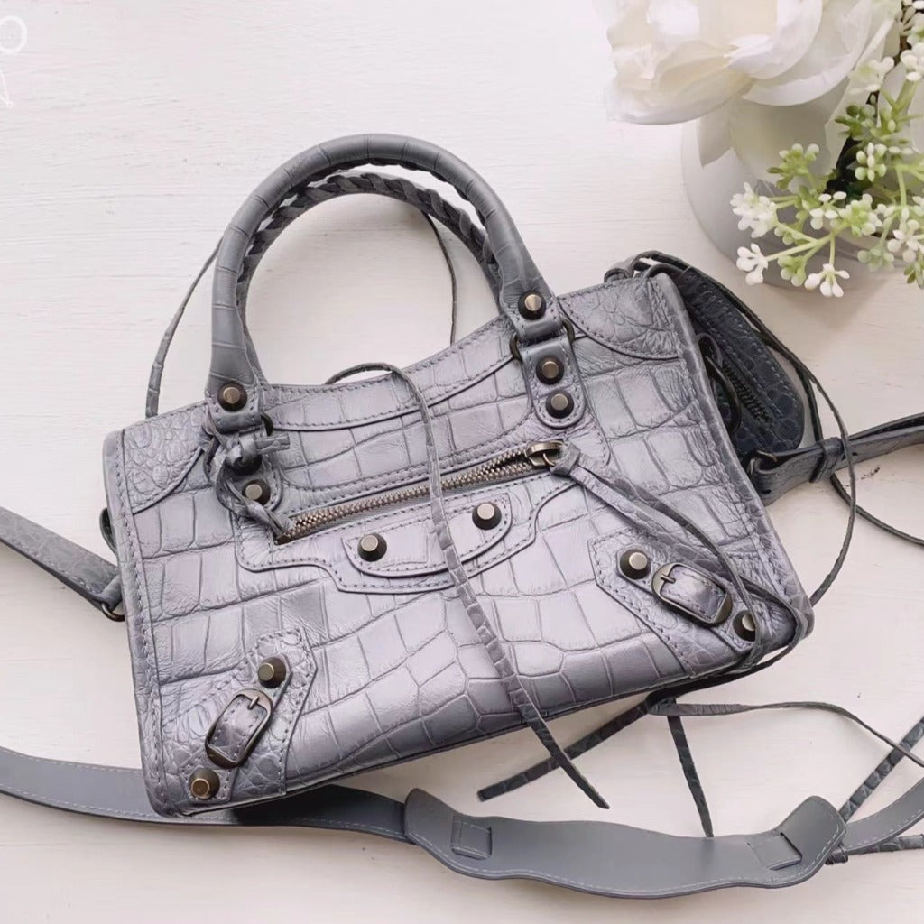 Balenciaga Grey Croc Embossed Leather RH Hardware Mini City Bag