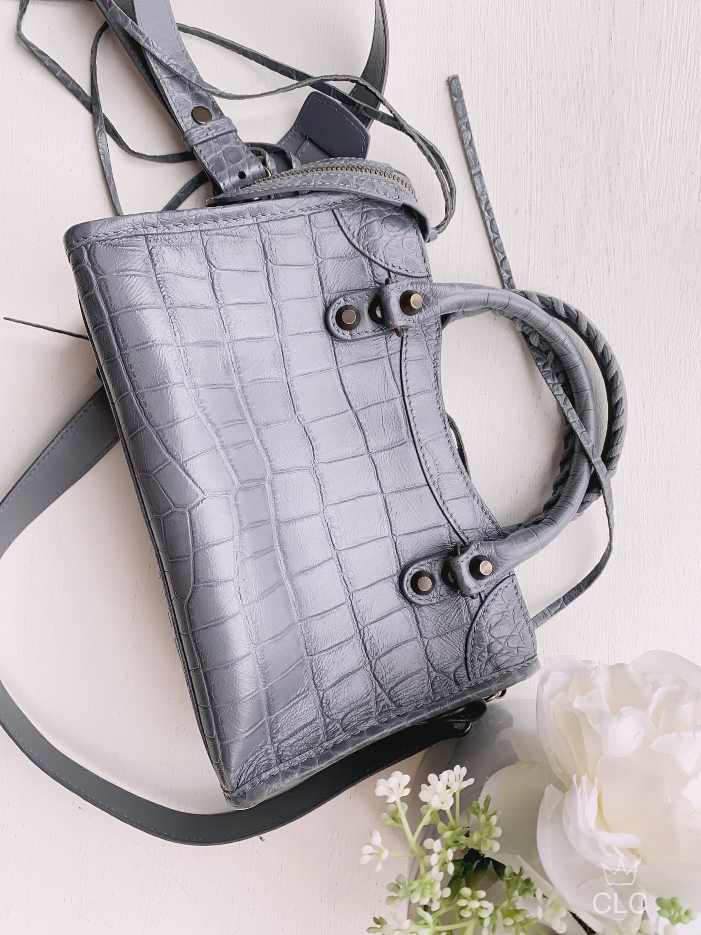 Balenciaga Grey Croc Embossed Leather RH Hardware Mini City Bag