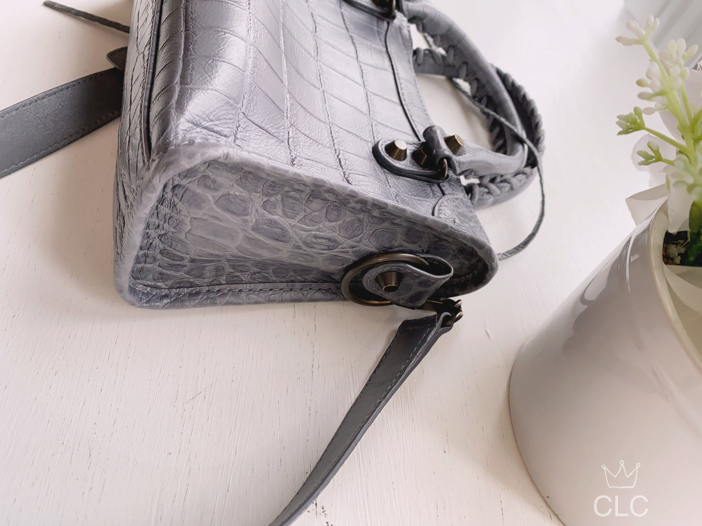 Balenciaga Grey Croc Embossed Leather RH Hardware Mini City Bag
