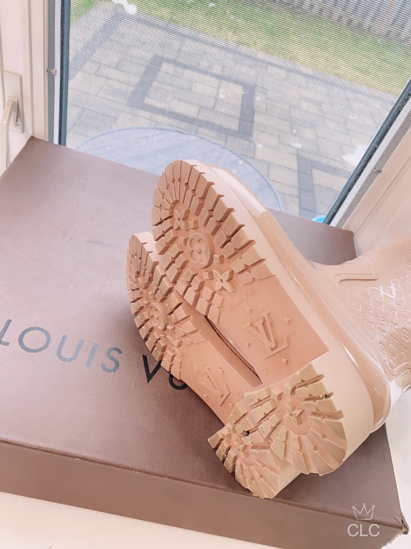 Louis Vuitton Rubber Embossed Monogram Splash Rain Boots 36 in beige