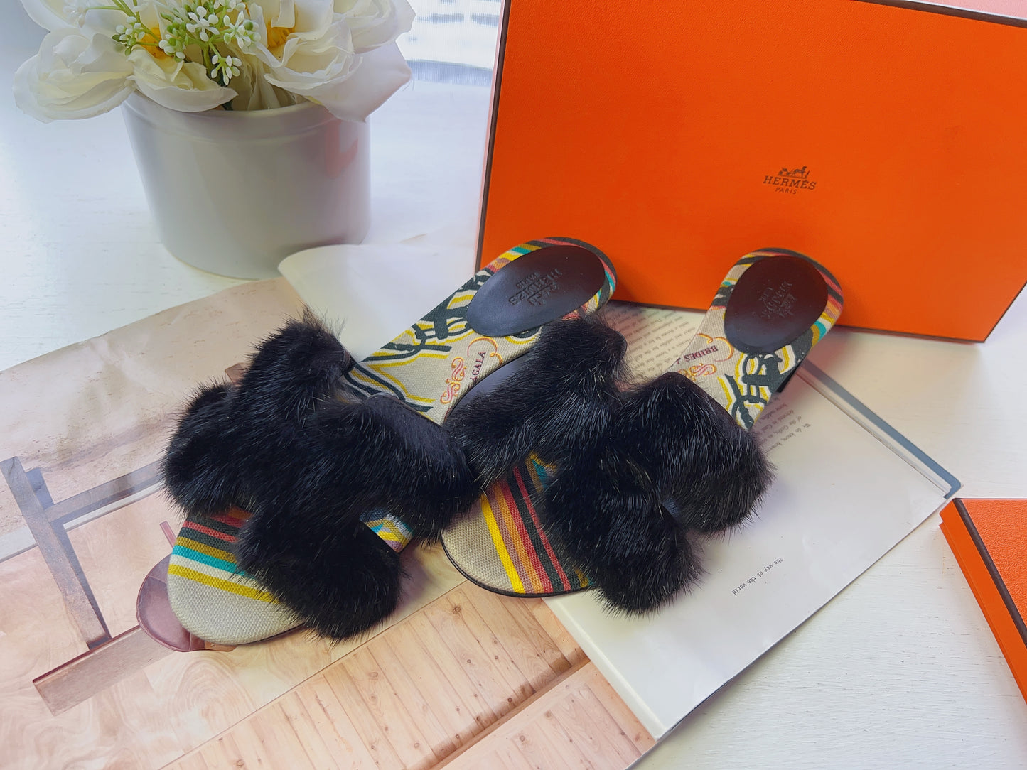 Hermes oran mink fur slippers slides mules heels Size37