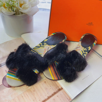 Hermes oran mink fur slippers slides mules heels Size37