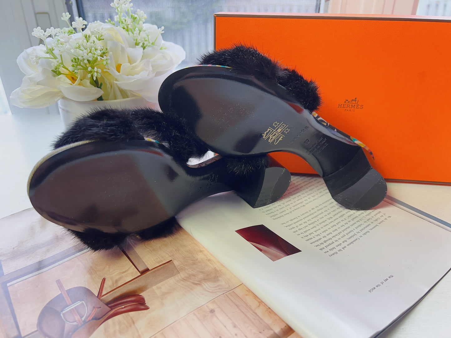 Hermes oran mink fur slippers slides mules heels Size37