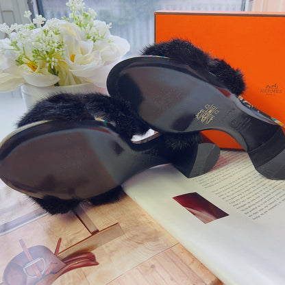 Hermes oran mink fur slippers slides mules heels Size37