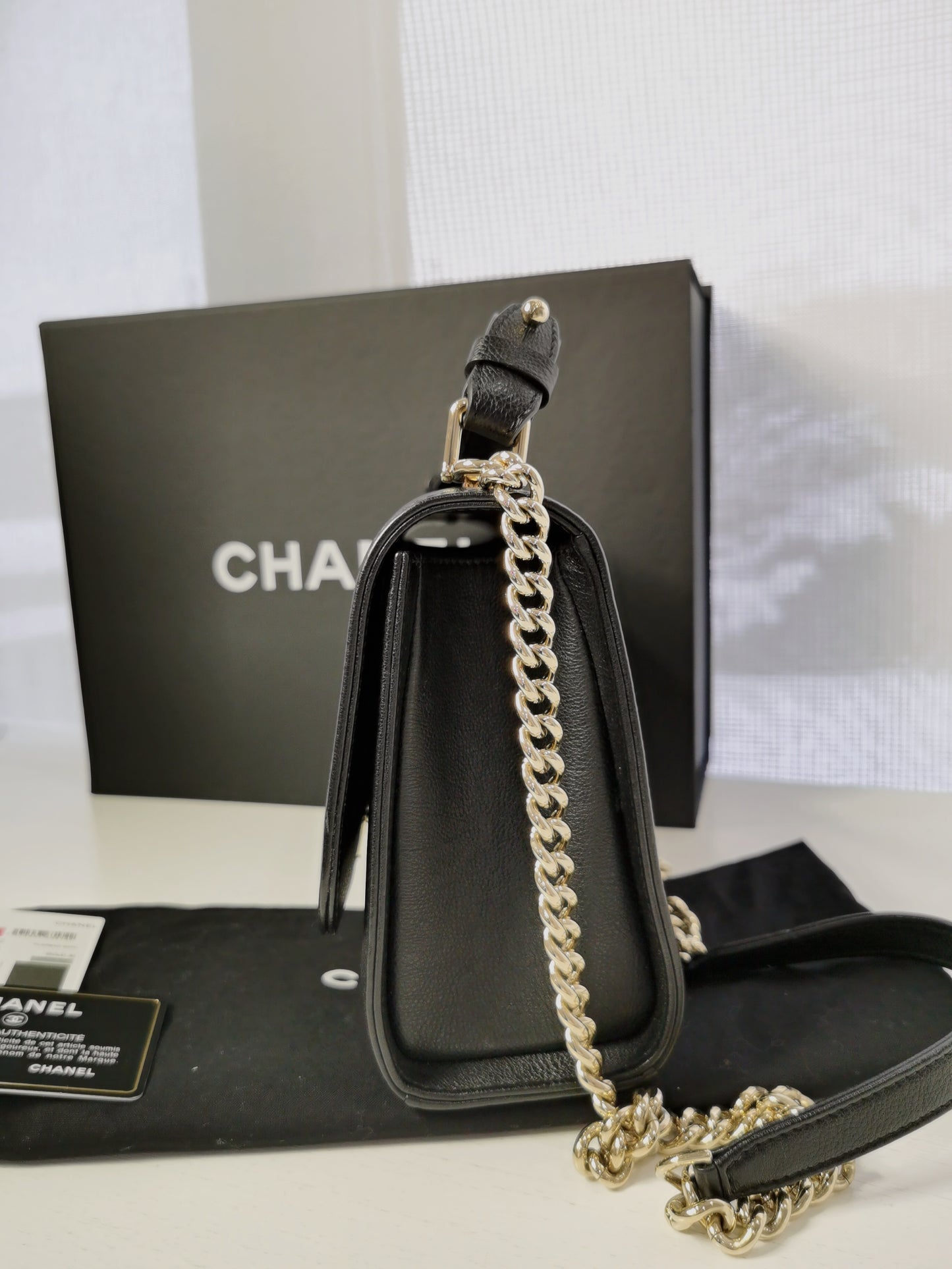 Chanel Caviar Label Click Flap Quilted Leather Top Handle Shoulder Bag Black