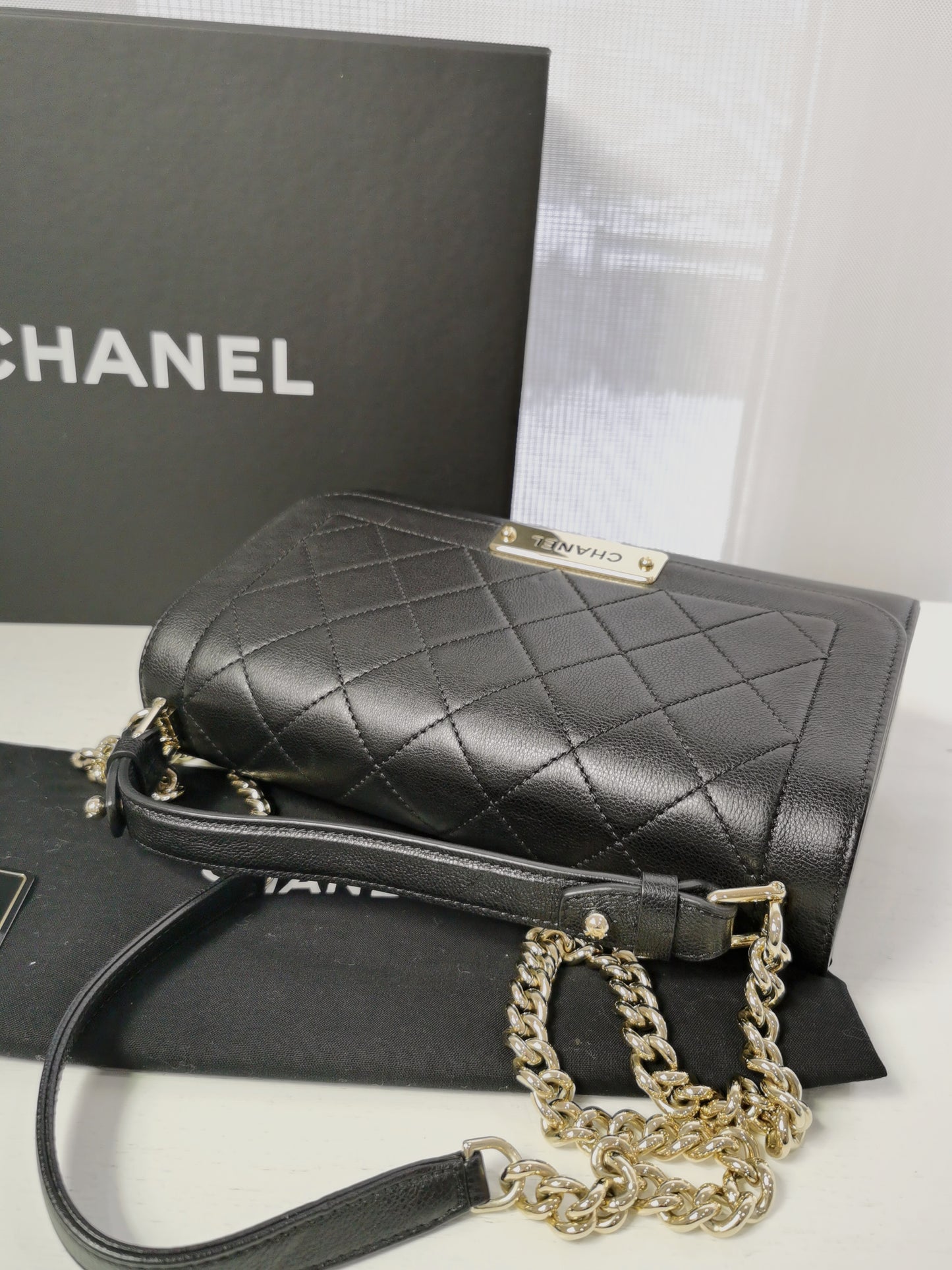 Chanel Caviar Label Click Flap Quilted Leather Top Handle Shoulder Bag Black