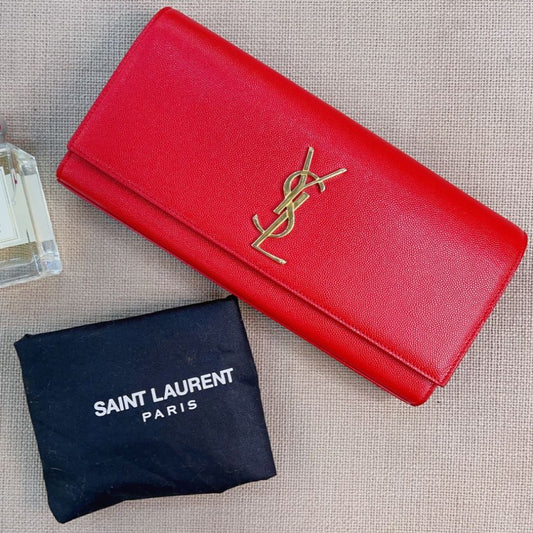 Saint Laurent Grain De Poudre Monogram Cassandre Clutch Red