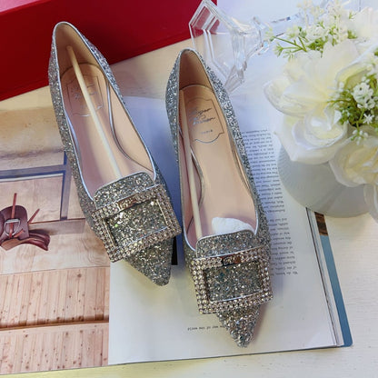 Roger Vivier Crystal-embellished glittered point-toe flats Size38