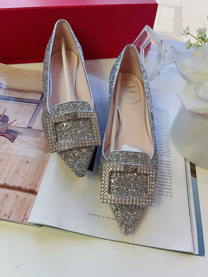 Roger Vivier Crystal-embellished glittered point-toe flats Size38