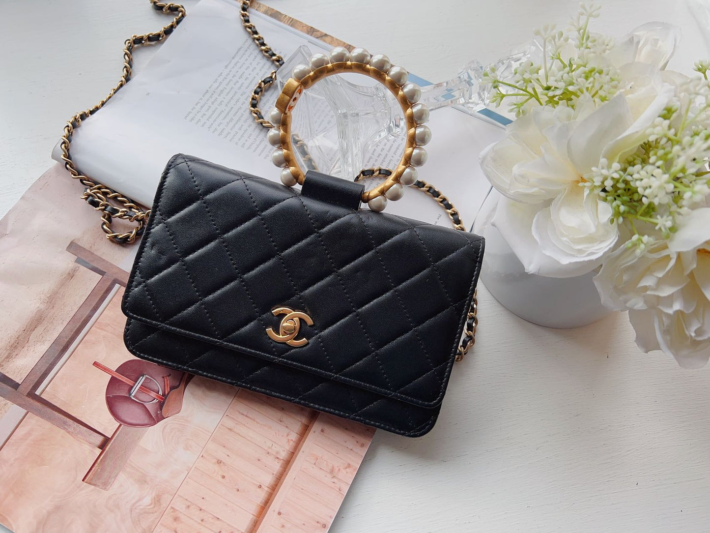 Chanel Lambskin Quilted Pearl Crown Wallet On Chain WOC Black
