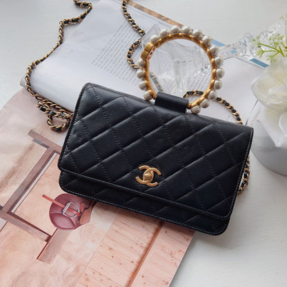 Chanel Lambskin Quilted Pearl Crown Wallet On Chain WOC Black