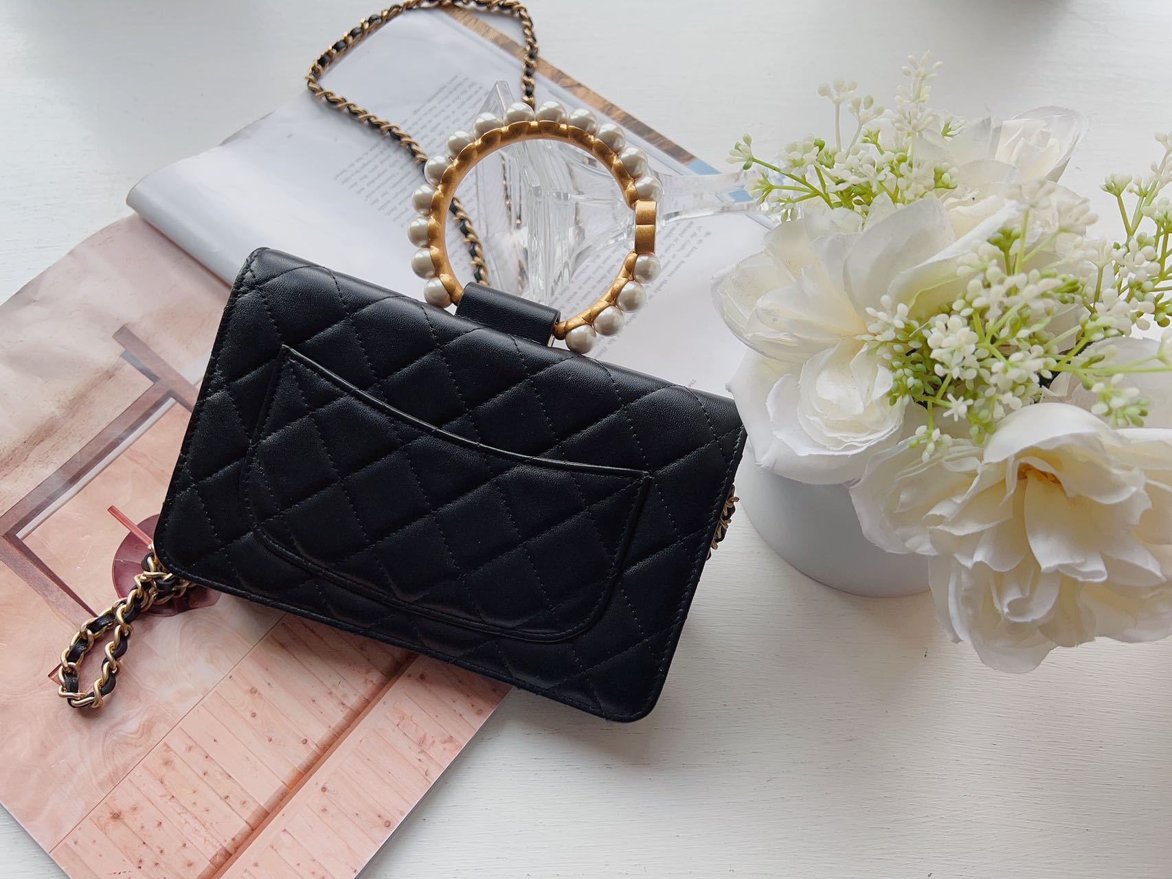 Chanel Lambskin Quilted Pearl Crown Wallet On Chain WOC Black –