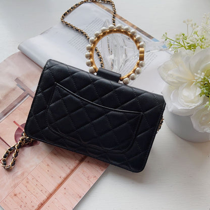 Chanel Lambskin Quilted Pearl Crown Wallet On Chain WOC Black