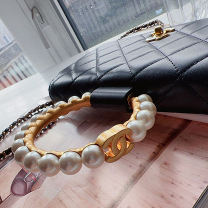 Chanel Lambskin Quilted Pearl Crown Wallet On Chain WOC Black