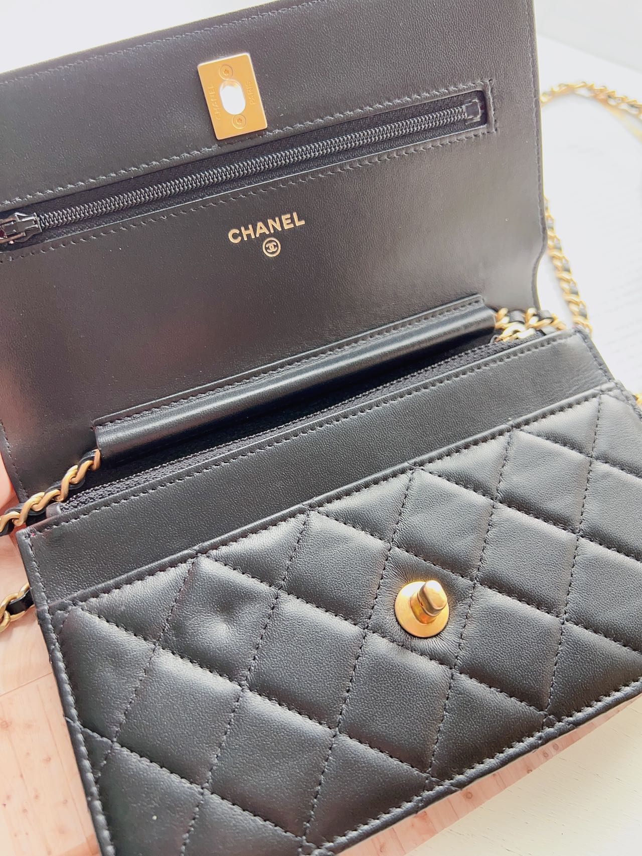 Chanel Lambskin Quilted Pearl Crown Wallet On Chain WOC Black