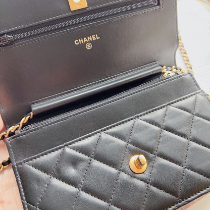Chanel Lambskin Quilted Pearl Crown Wallet On Chain WOC Black