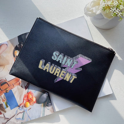 Saint Laurent Black Leather Rider Tablet Case. Black/Multicolor