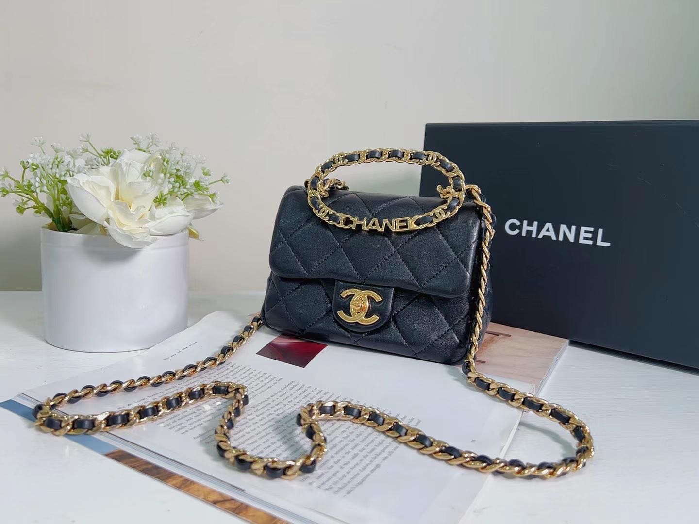 Chanel logo Round Gold Hardware Top Handle Mini Flap