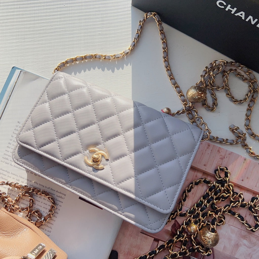 Chanel Lambskin Quilted CC Pearl Crush Wallet on Chain WOC Grey New