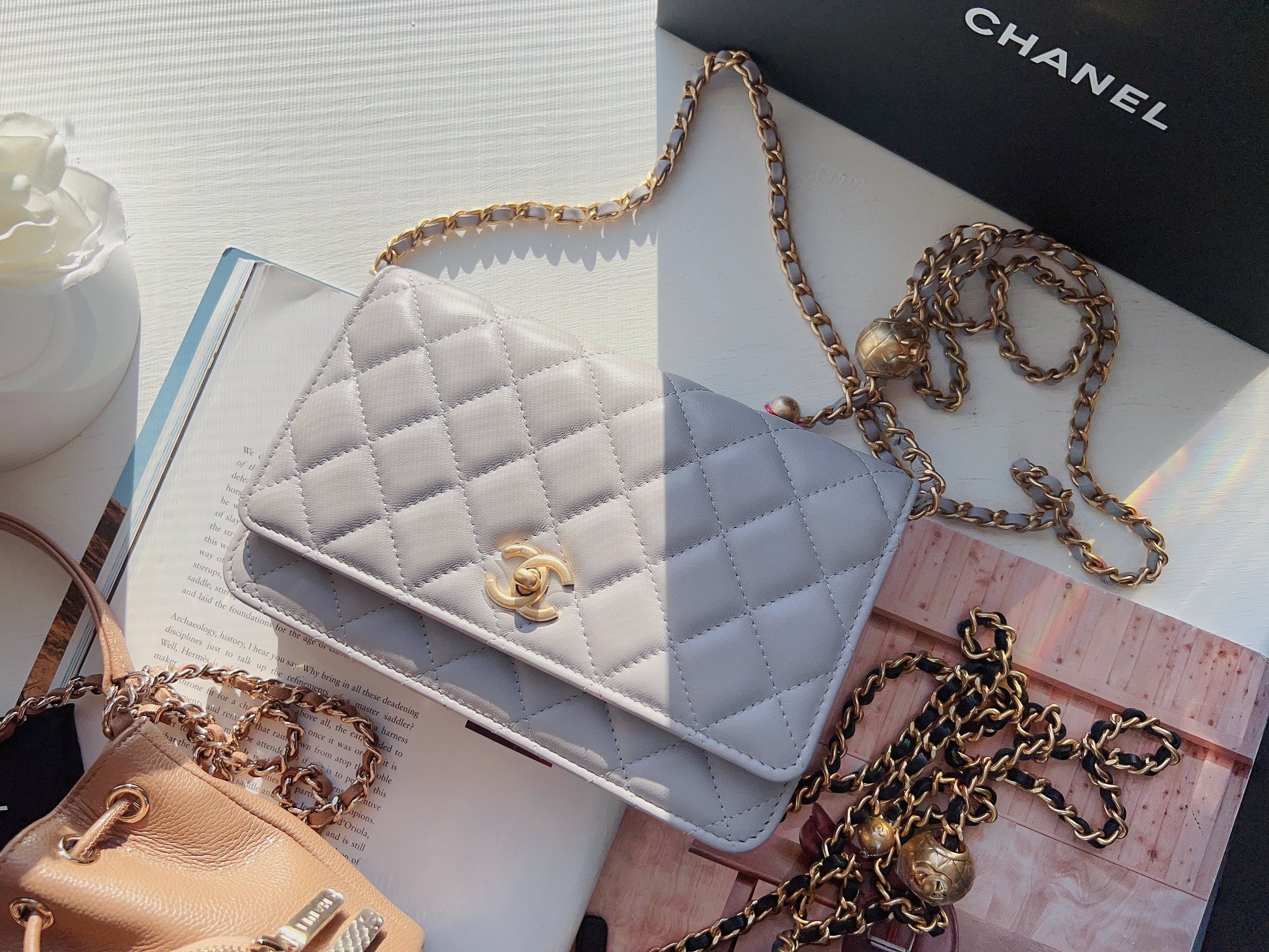 Chanel Lambskin Quilted CC Pearl Crush Wallet on Chain WOC Grey New –