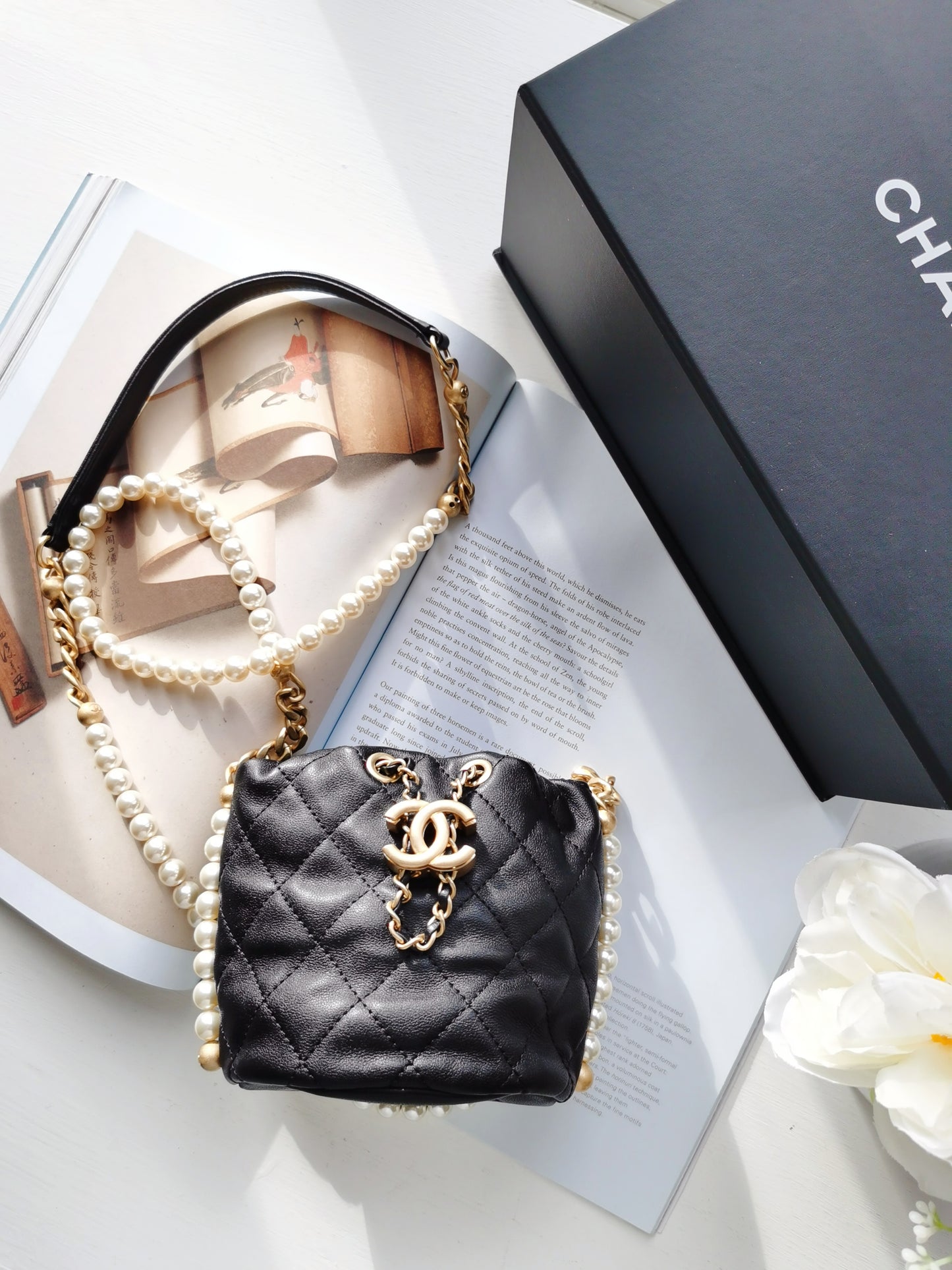 Chanel Calfskin Quilted Pearl Mini About Pearls Drawstring Bucket Bag Black