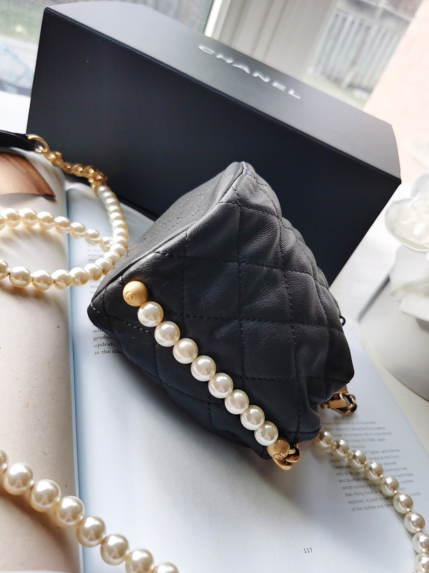 Chanel Calfskin Quilted Pearl Mini About Pearls Drawstring Bucket Bag Black