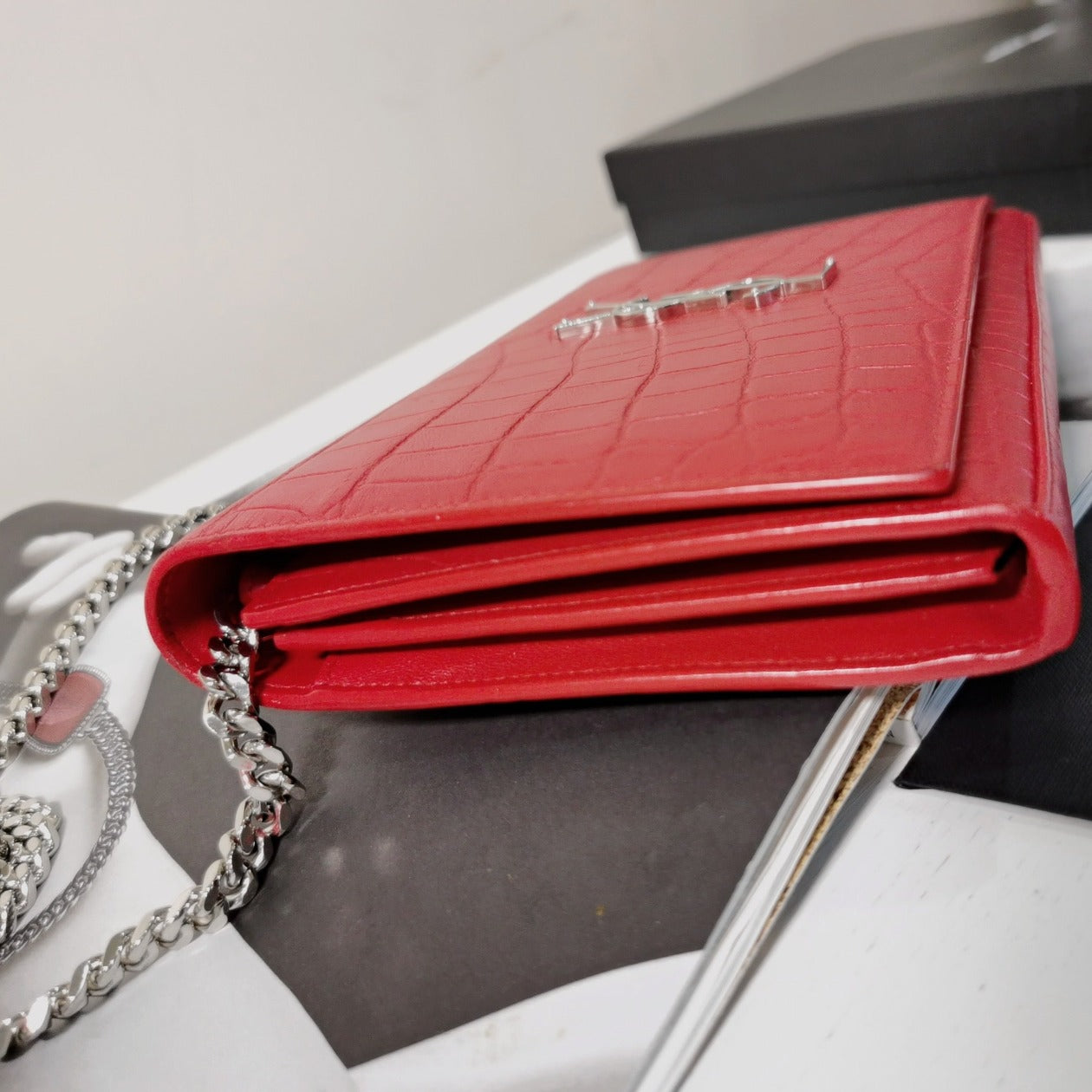 Saint Laurent YSL Logo Red Croc Embossed Leather Crossbody Bag