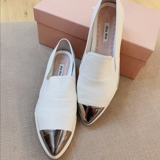 Miu Miu Pointed Metal Cap Toe Skate Leather Sneakers Shoes Size 37.5