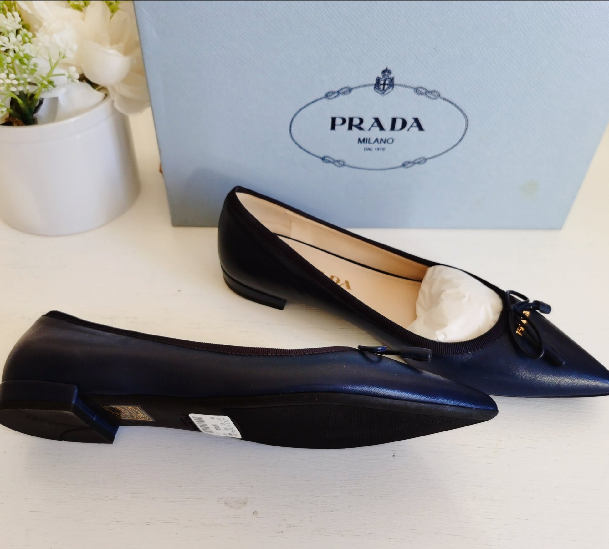 Prada Point-Toe Tassel Ballerina Flat, Navy Size36