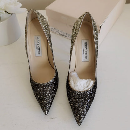 Jimmy Choo Metallic Ombrè Coarse Glitter Abel Pointed Toe Pumps Size37