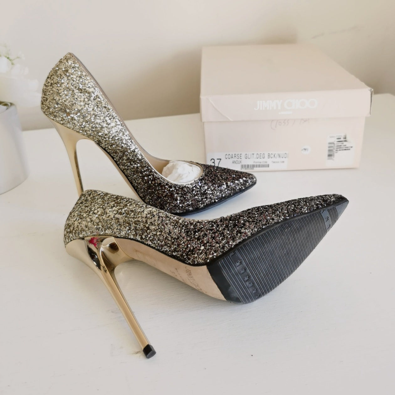 Jimmy Choo Metallic Ombrè Coarse Glitter Abel Pointed Toe Pumps Size37