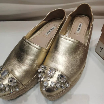 Miu Miu Metallic Gold Leather Crystal Embellished Platform Espadrille Size 38 - luxhub.ca