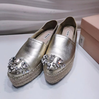 Miu Miu Metallic Gold Leather Crystal Embellished Platform Espadrille Size 38 - luxhub.ca